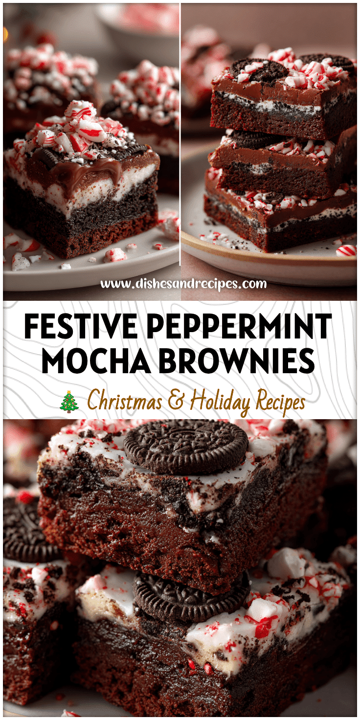 Fudgy peppermint mocha brownies layered with Oreos and crushed candy canes on a holiday plate